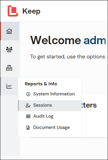 The Sessions menu item in the Keep admin menu